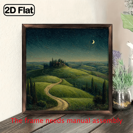 2D Flat, 1pc 8 Inch Rustic Wooden Framed Art, Italian Landscape Painting with Tuscan Countryside Scene, Vibrant Colors Detailed Brushwork, Frame for Home Decor, Bathroom Decor, Bedroom