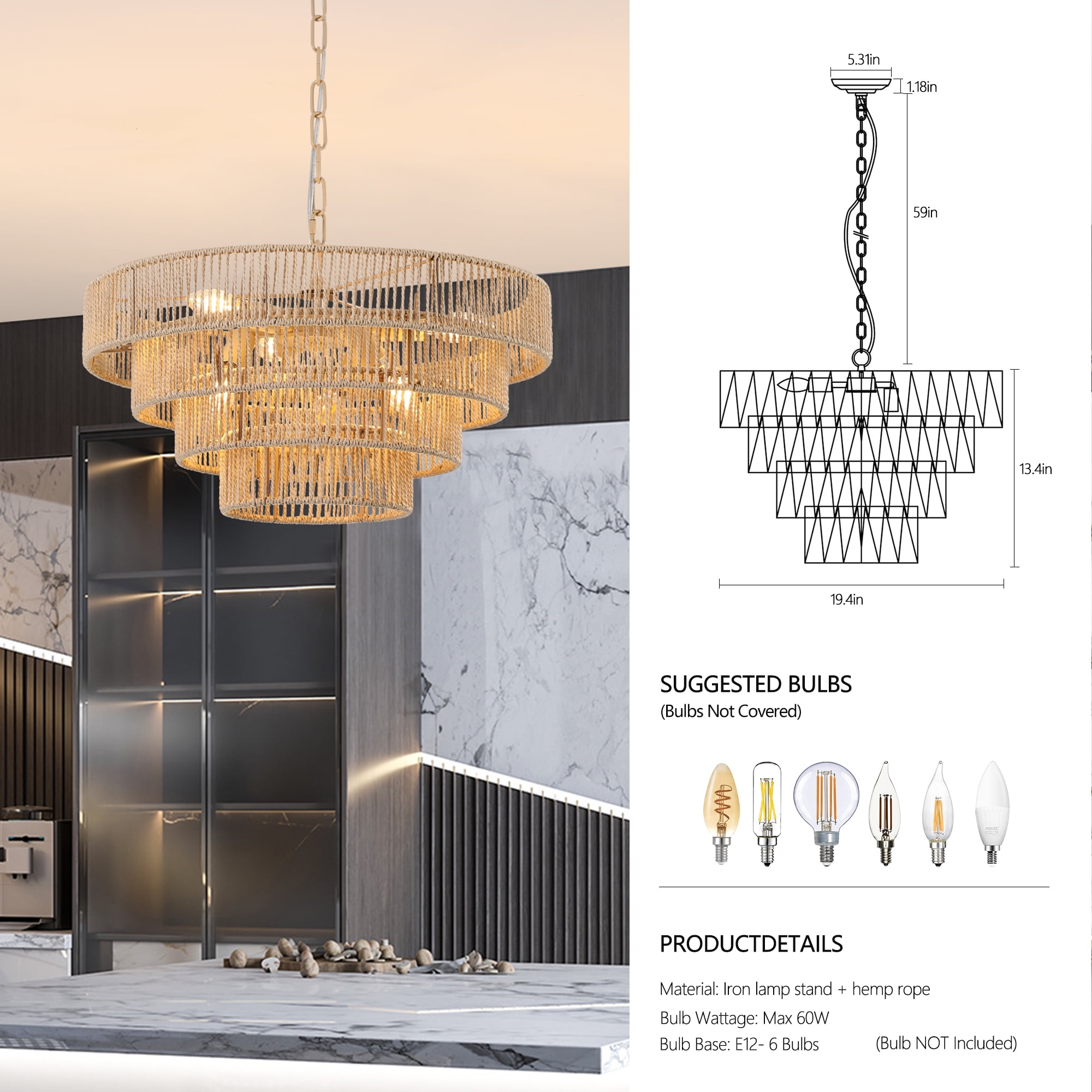 Jopath Modern 4-Layer Woven Hemp Rope Chandelier, 20" Boho Style Pendant Light, Elegant Hanging Light Fixture for Living Room, Dining Room, Bedroom (No Bulbs)