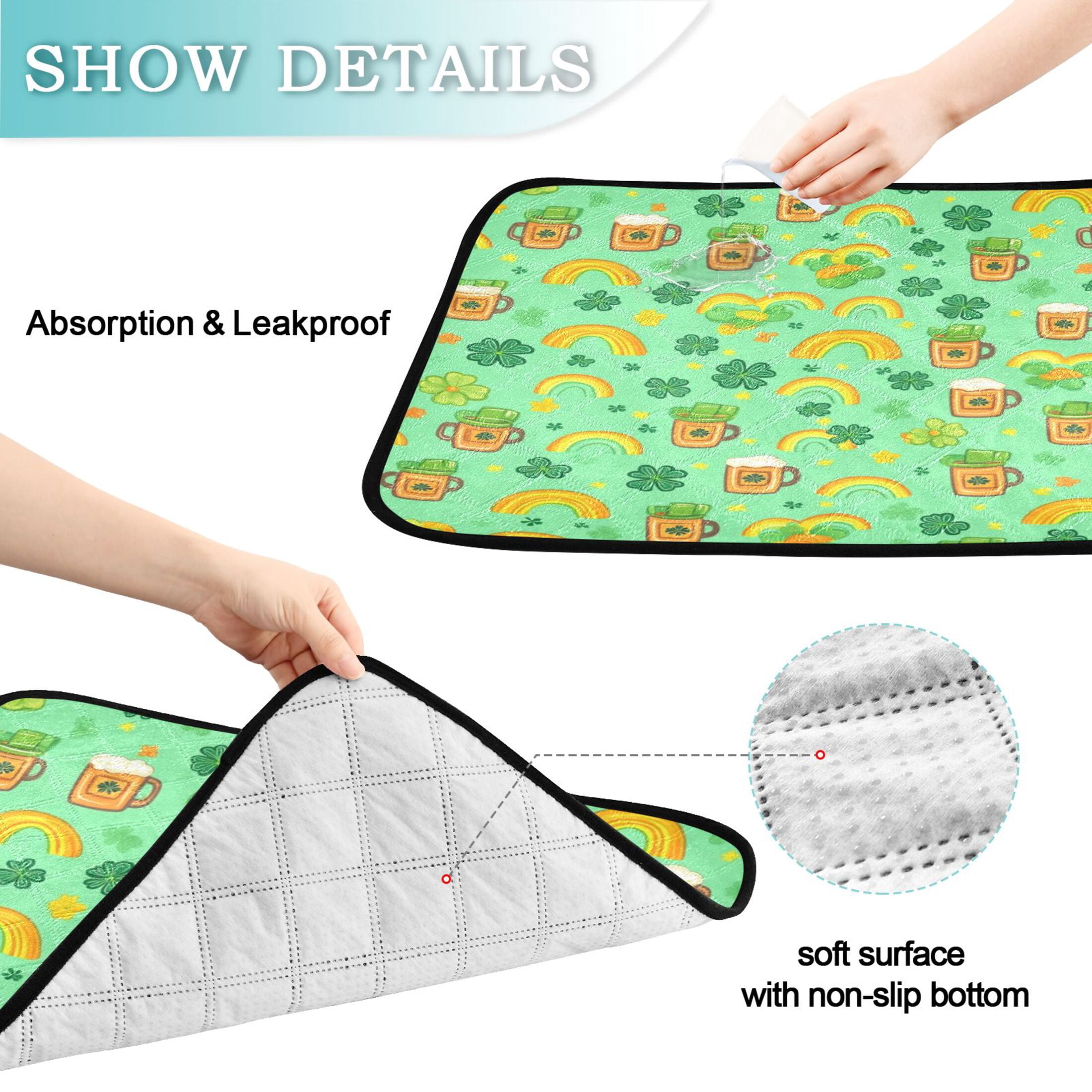 Qxltty Beer and Rainbows in A Cloverleaf Background Cat litter Pads Pet Set of 3 Diaper Mats Center Anti-leakage Layer Absorbent Soft and Comfortable