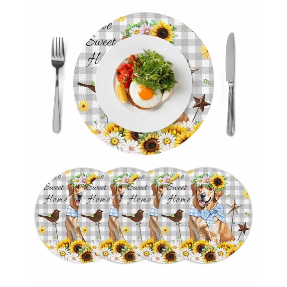 Sunflowers Dog Round 13 Inch Placemats Set of 4, Spring Watercolor Floral Stars Grey Plaid HeatResistant Non Slip Place Mats for Dining Table, Wipeable Braided Kitchen Table Mats for Housewarming