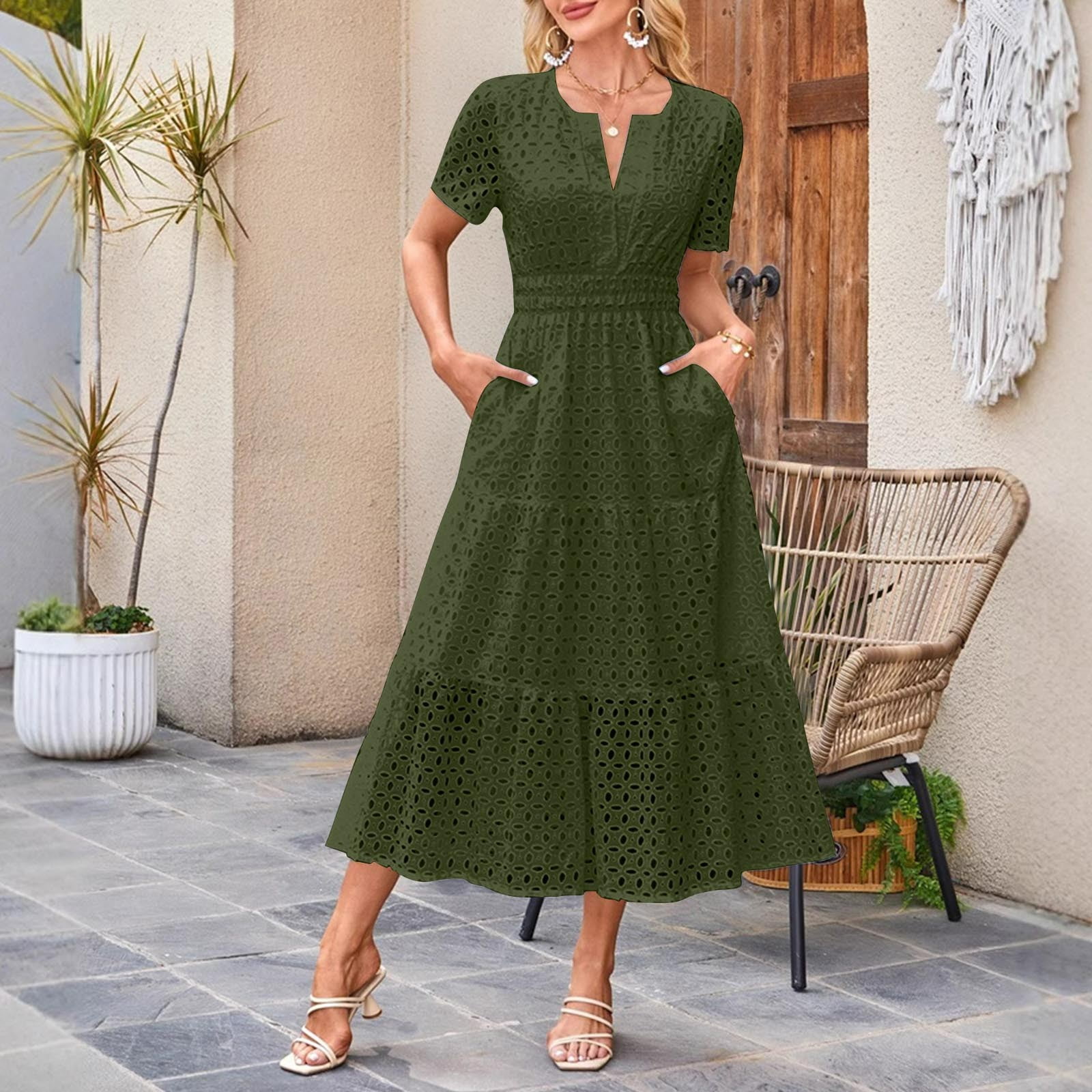GaThRRgYP 2025 Summer Essential Short Sleeve V-Neck Dress-Lightweight & Breathable,Women's Casual Printed Pleated Elastic Waist Sleeveless V-Neck Dress Army Green L