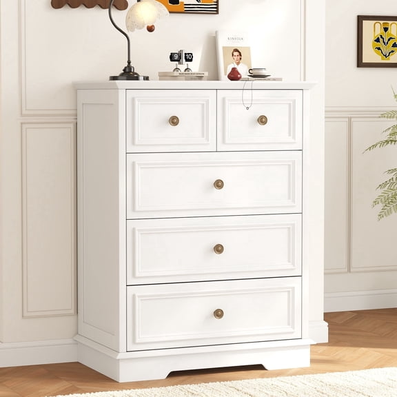 NEGYLIM White 5 Drawer Dresser for Bedroom, Rustic Chest of Drawers, Wood Storage Cabinet Organizer with Antique Bronze Round Handles for Living Room,Entryway, Small Spaces