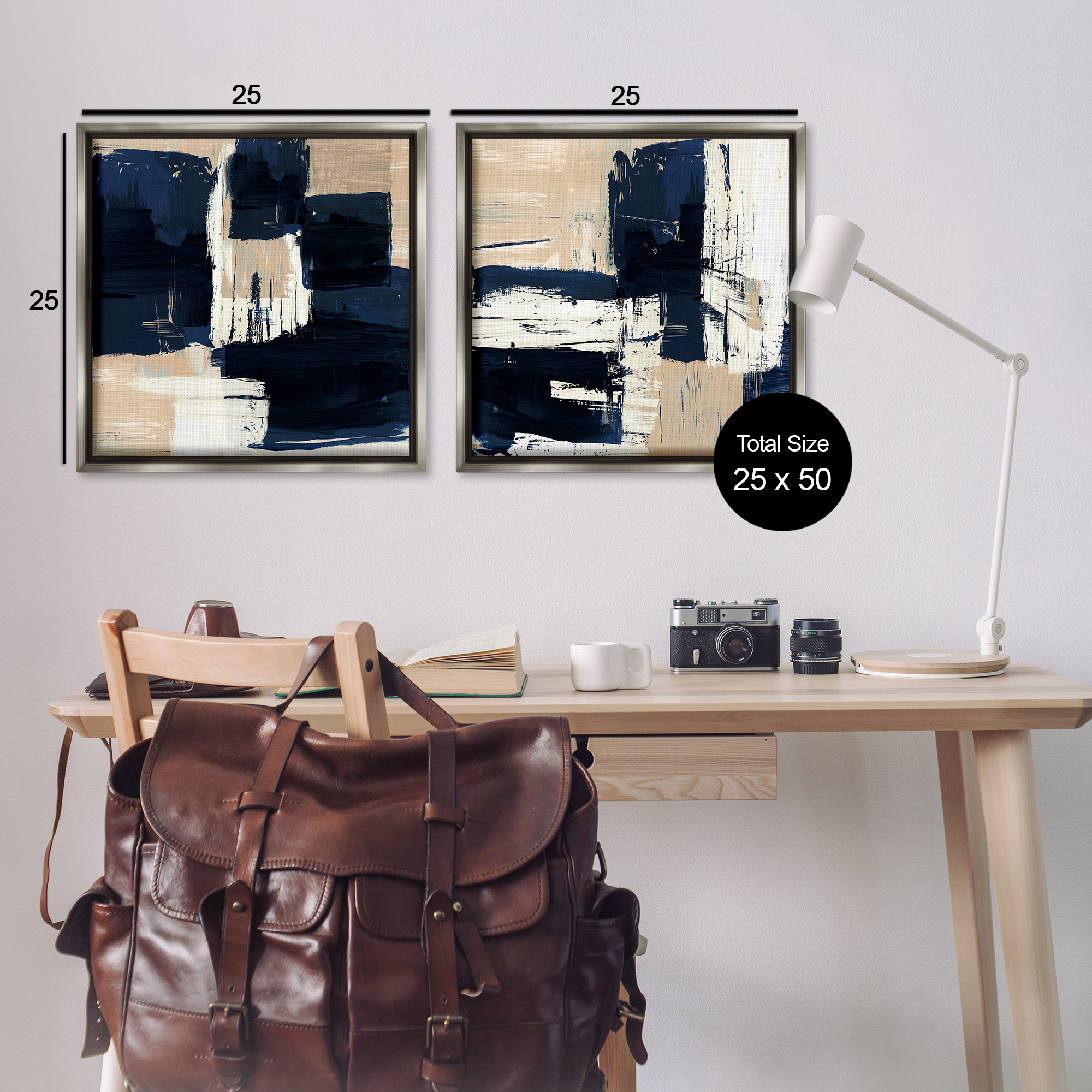 Stupell Industries Abstract Navy Neutral Abstract Painting Gray Floater Framed Canvas Art Print Wall Art, 25 x 25, Set of 2