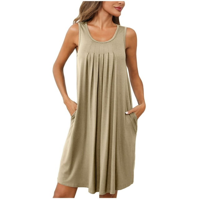 Pisexur Robe d'Été pour Femme, Mode, Plissée, Robe de Plage Décontractée Sans Manches, Couleur Unie, Débardeur Ample, Robe Soleil avec Poche