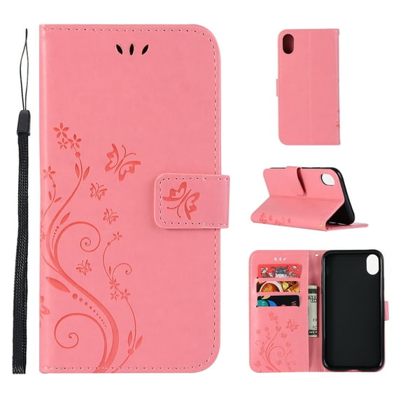 iPhone X Case, iPhone XS Case - Allytech Premium Wallet PU Leather with Fashion Embossed Flower Magnetic Clasp Card Holders Flip Cover with Hand Strap, Pink