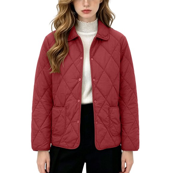 Women Jacket 2XL-5XL Quilted Barn Jackets Fall Winter Fashion Coats Causal Outerwear Button Down Solid Color Padded Coat Ladies Jacket Red L