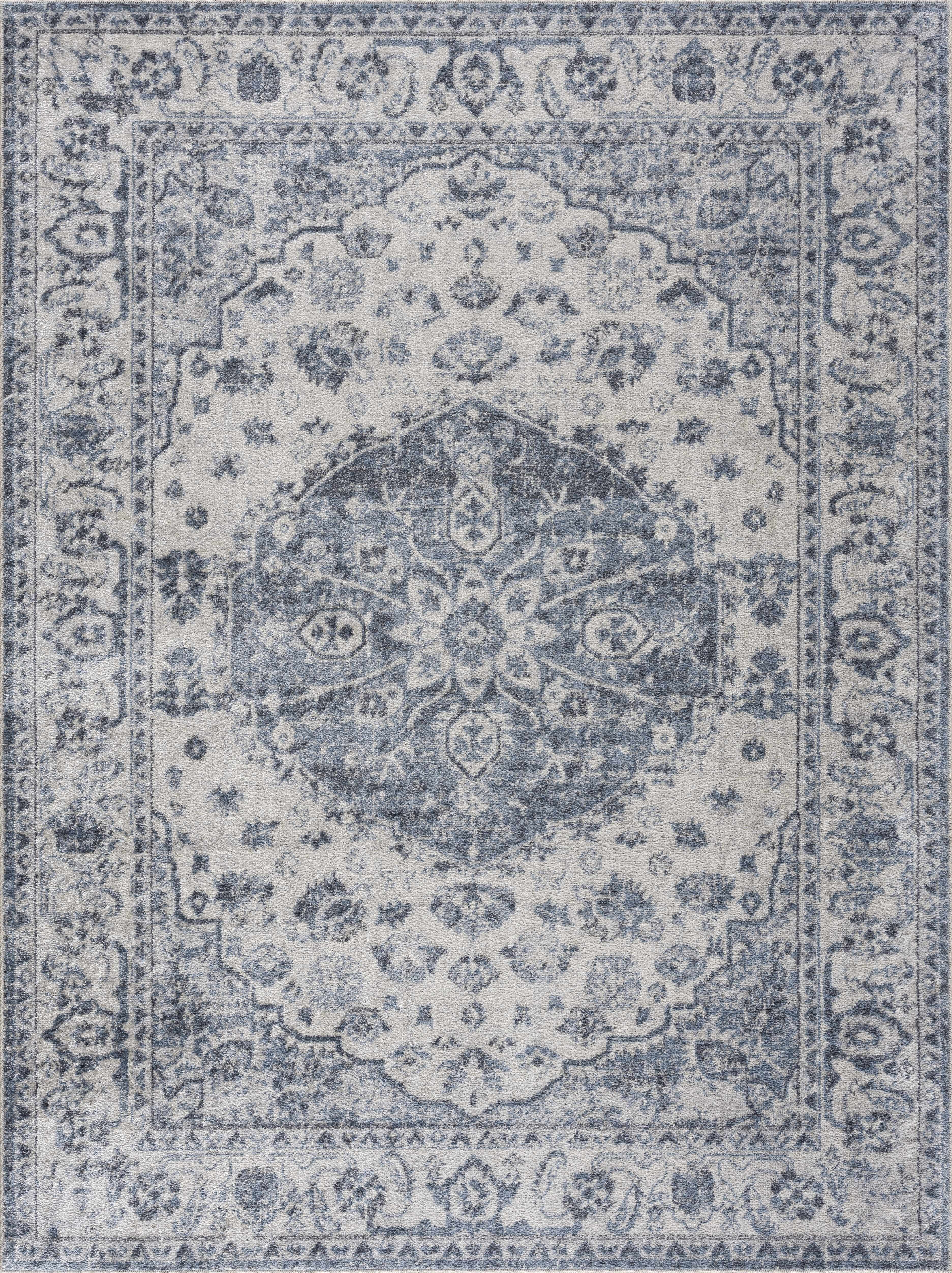 Hauteloom Hiti Hallway, Kitchen Washable Runner Rug - Traditional Oriental Medallion Carpet - Blue, Gray, Beige, Ivory - 2'7" x 7'3"