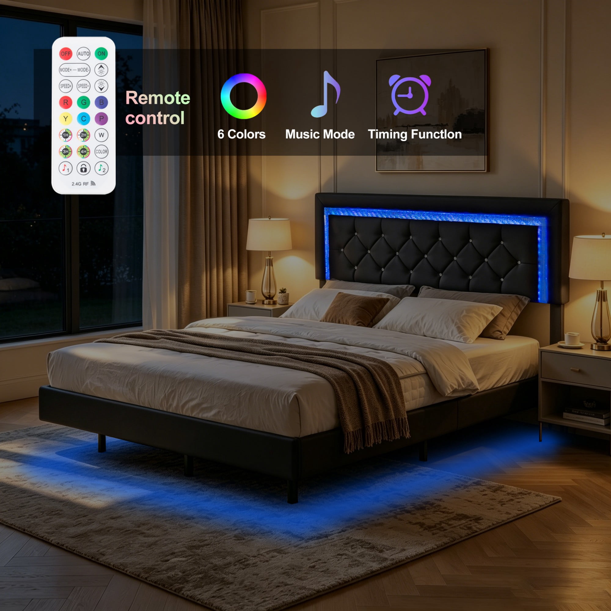 BSHTI Queen PU Platform Bed Frame with Upholstered Headboard, Colorful LED Lights, Wood Slat Support, No Box Spring Needed for Bedroom（Black）