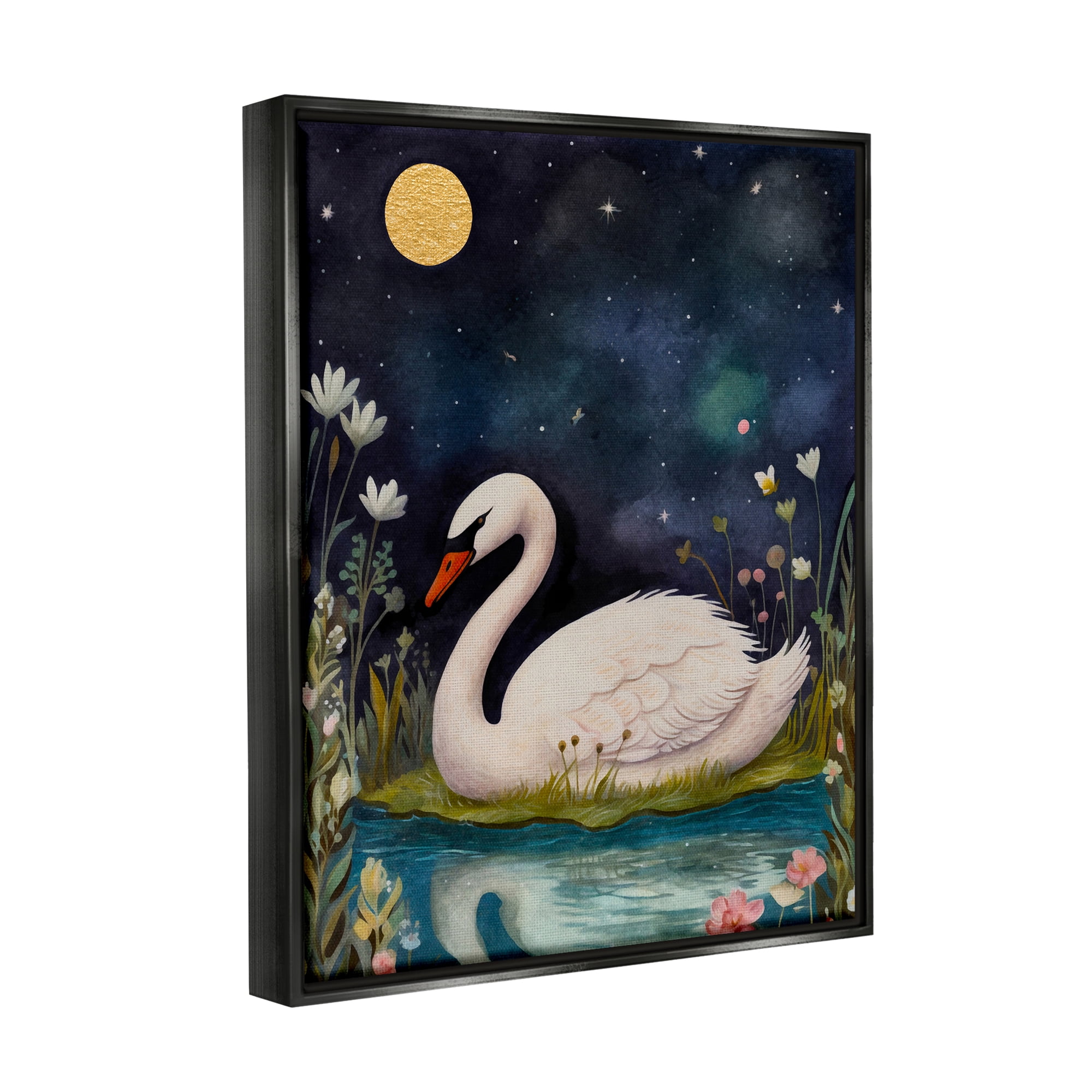 Stupell Industries Sleeping Swan Night Sky Animals & Insects Painting Black Floater Framed Canvas Art Print Wall Art, 17 x 21