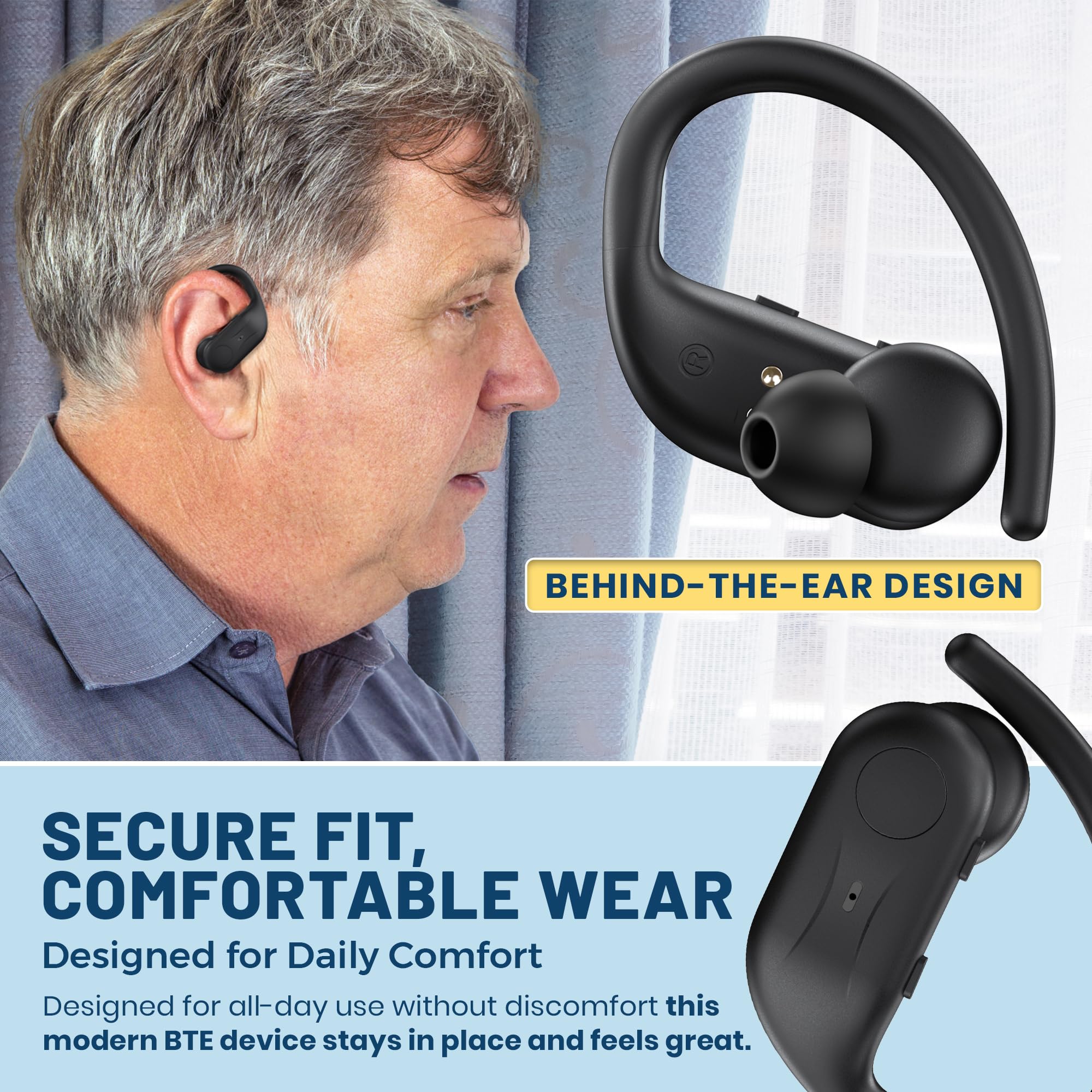 Rechargeable Bluetooth Hearing Aids for Seniors – Easy-to-Use Behind the Ear Sound Amplifier with Automatic Noise Cancelling – BTE Hearing Loss Aids for Adults Men & Women with LED Charging Case