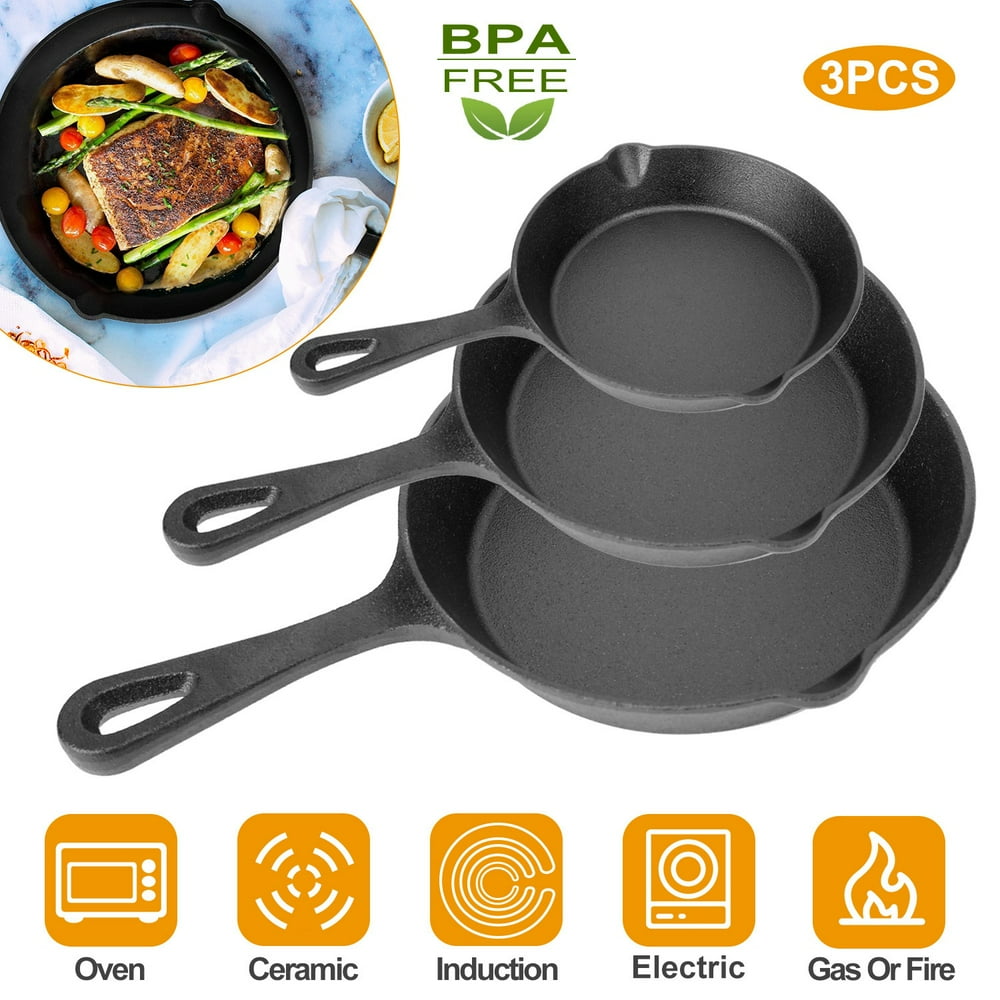NewHome 3Pcs PreSeasoned Cast Iron Skillet Set 6/8/10in NonStick Oven Safe Cookware Heat