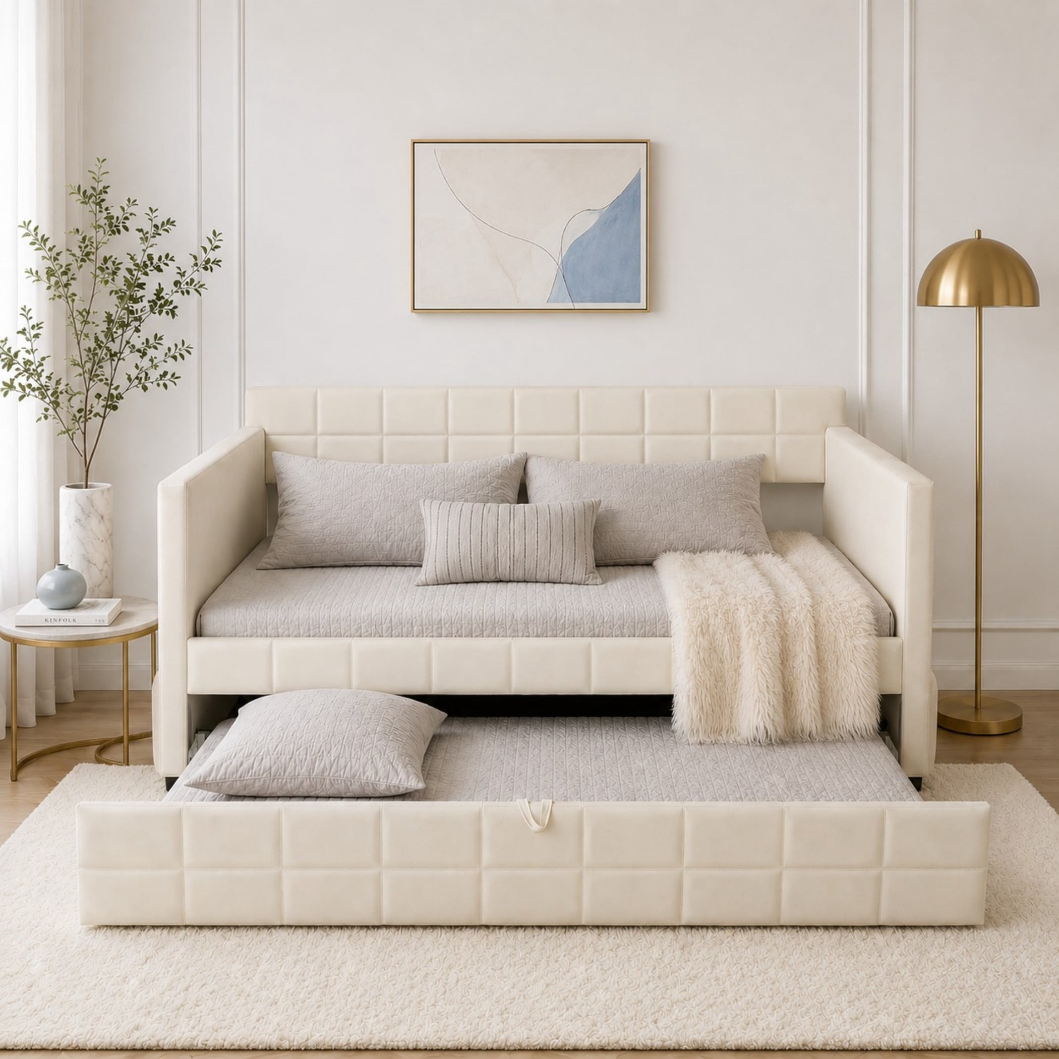 Aukfa Modern Twin Daybed with Trundle, Velvet Upholstered Bed Frame with Storage Pockets, Space-Saving Sofa Bed for Living Room, Bedroom, Beige