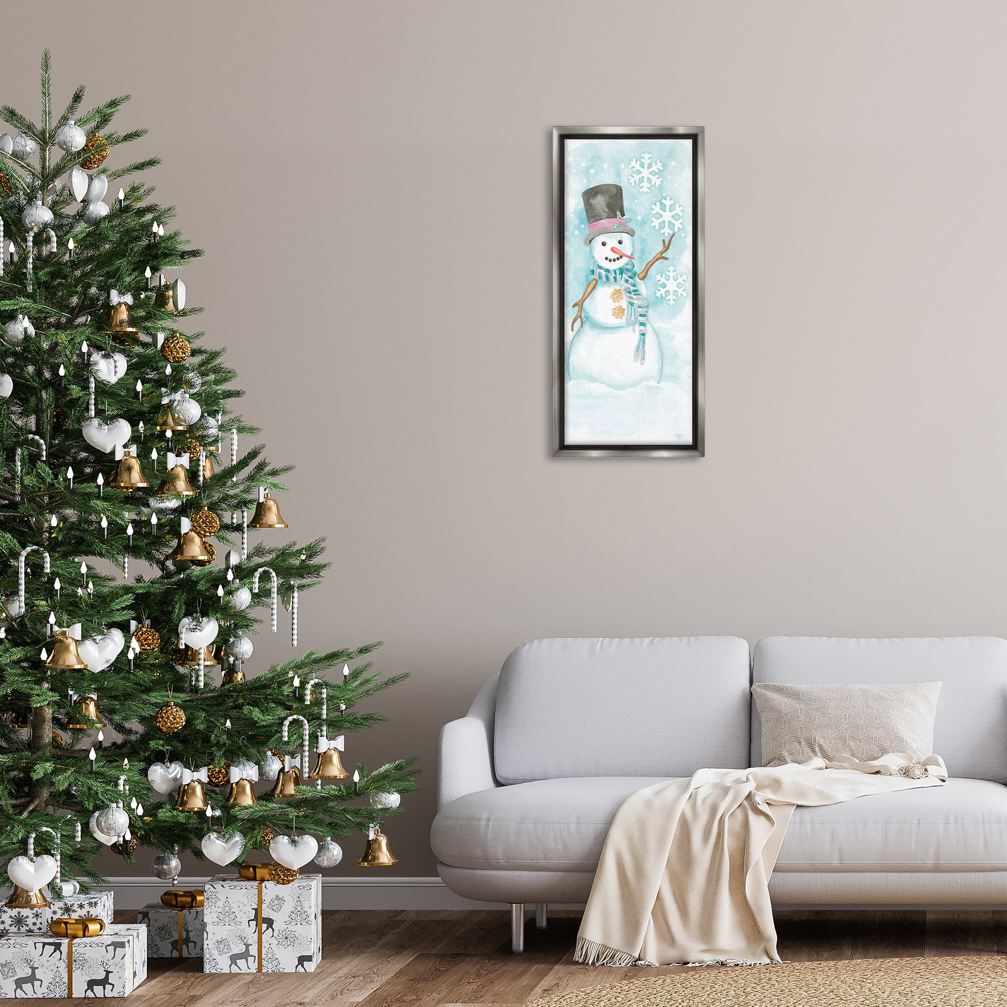 Stupell Industries Waving Snowman Greeting Holiday Painting Gray Floater Framed Art Print Wall Art, 15 x 31