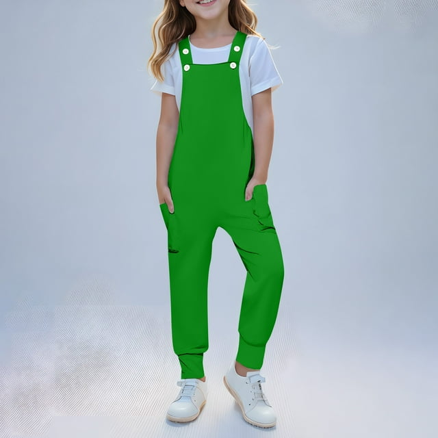 Girls Overalls Kids Casual Sleeveless Jumpsuits Harem Pants Rompers With Pockets 5 14 Years Green