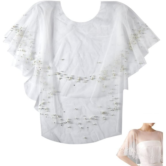 Cloth Lady Tulle Collars Bridal Shawl with Imitation Pearl & Rhinestone White 470x490x0.2mm