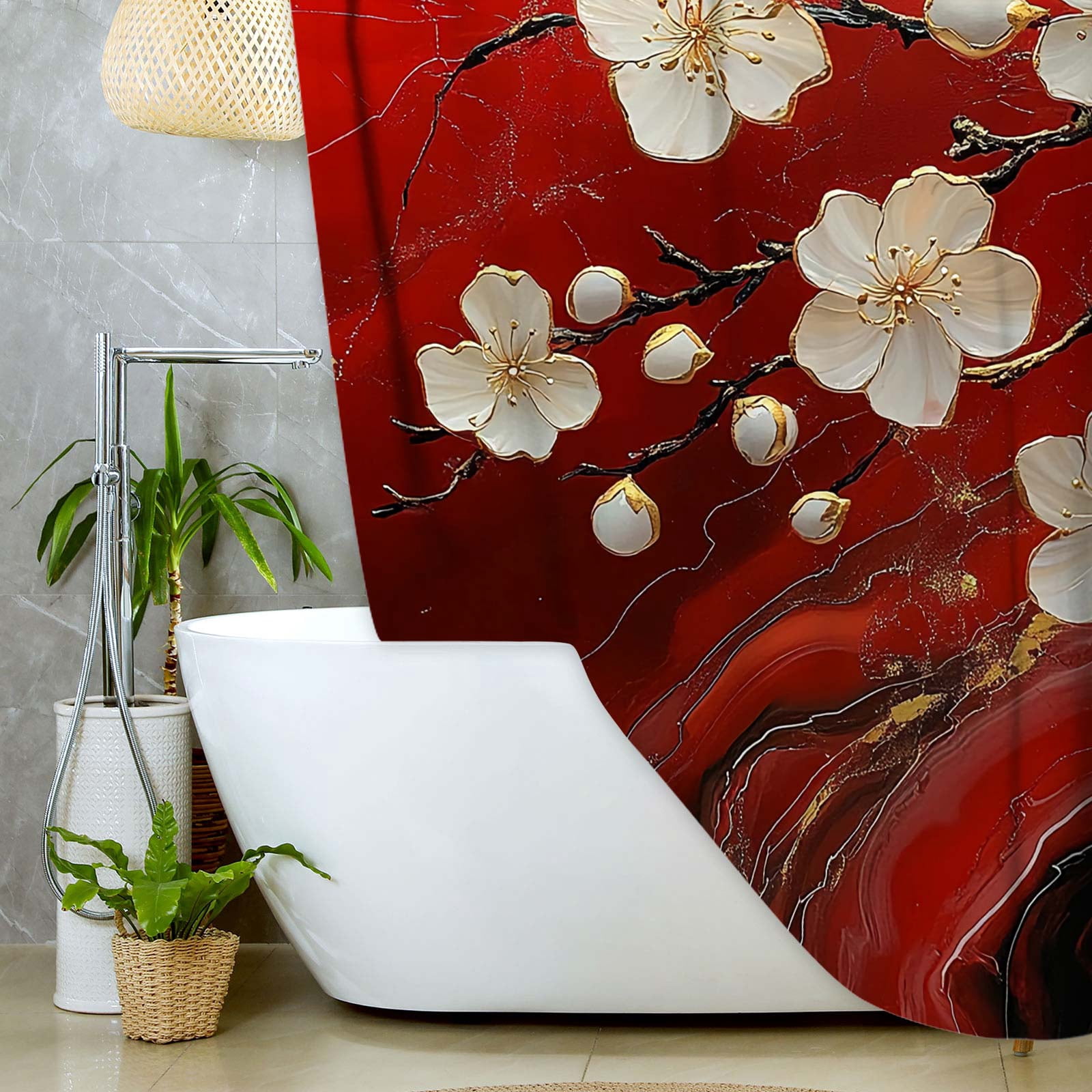 Red Shower Curtain, Abstract Red Marble 3D Floral Modern Luxury Shower Curtain Set for Bathroom, Waterproof Fabric Marble Bath Curtains with Hooks,72X72IN