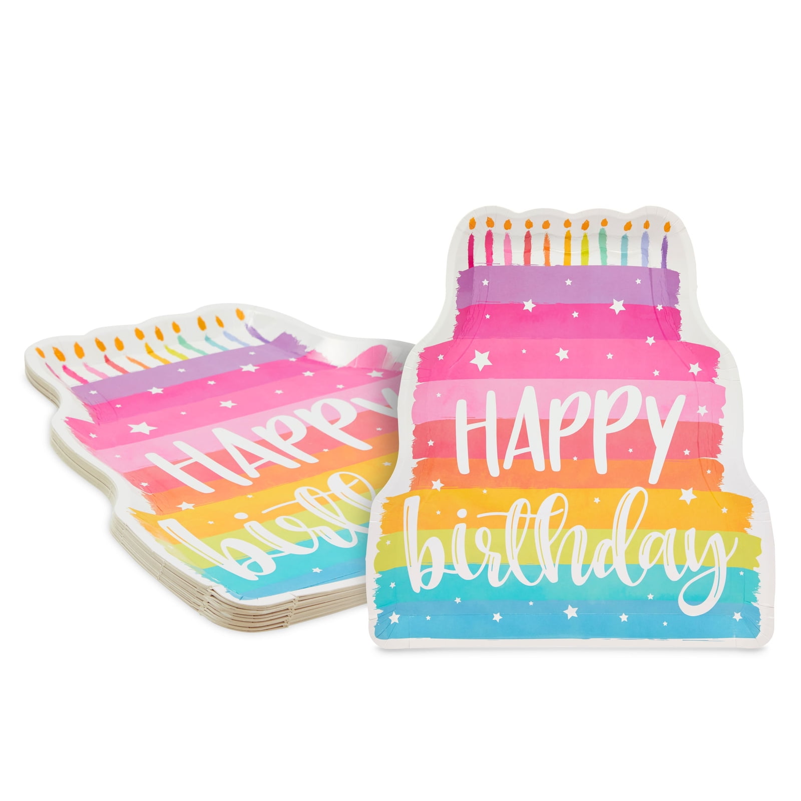 15-Pack Happy Birthday Paper Serving Trays, 13' x 15' Cute Rainbow Cake Die-Cut Disposable Food Tray Plates for Platters, Cupcake, Dessert Table, Party Supplies