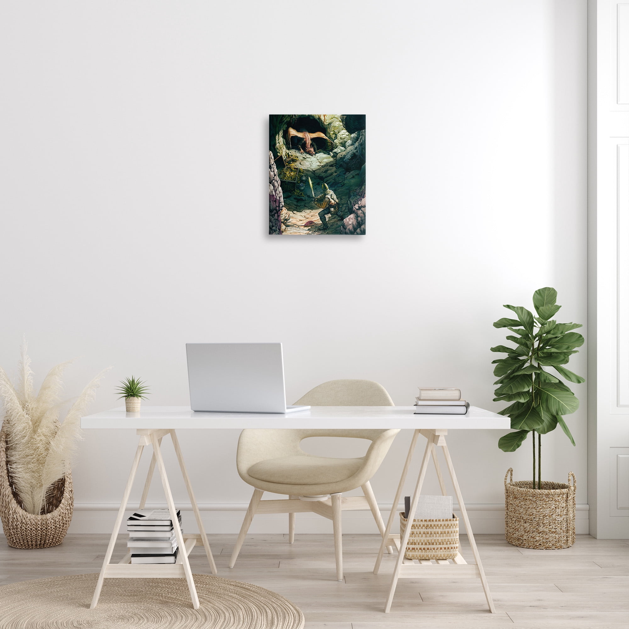 Stupell Industries Dragon & Knight Battle Fairy Tales & Fantasy Painting Gallery Wrapped Canvas Art Print Wall Art, 16 x 20