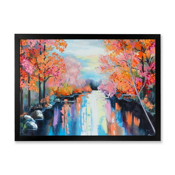 Designart 'The River Through Orange Autumn Forest' Lake House Framed Art Print