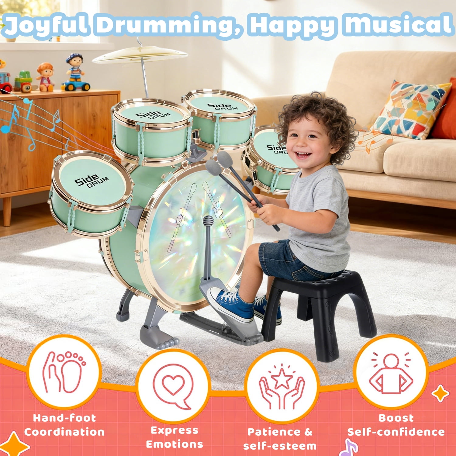 Aijohnny Toddler Light Jazz Drum Set, Musical Kid Drum Set with Stool, Pedal & Drumsticks, Birthday Gifts for Kids 1-3 3-5 5-8 Years Old