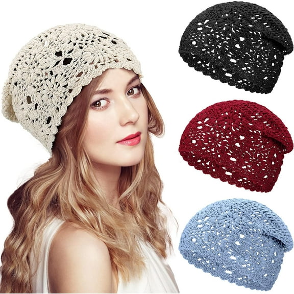 4 Pcs Crochet Slouchy Beanie Hat Fall Handmade Knit Floral Skull Cap Cotton Cutout Summer Hats for Women Lightweight Knitted