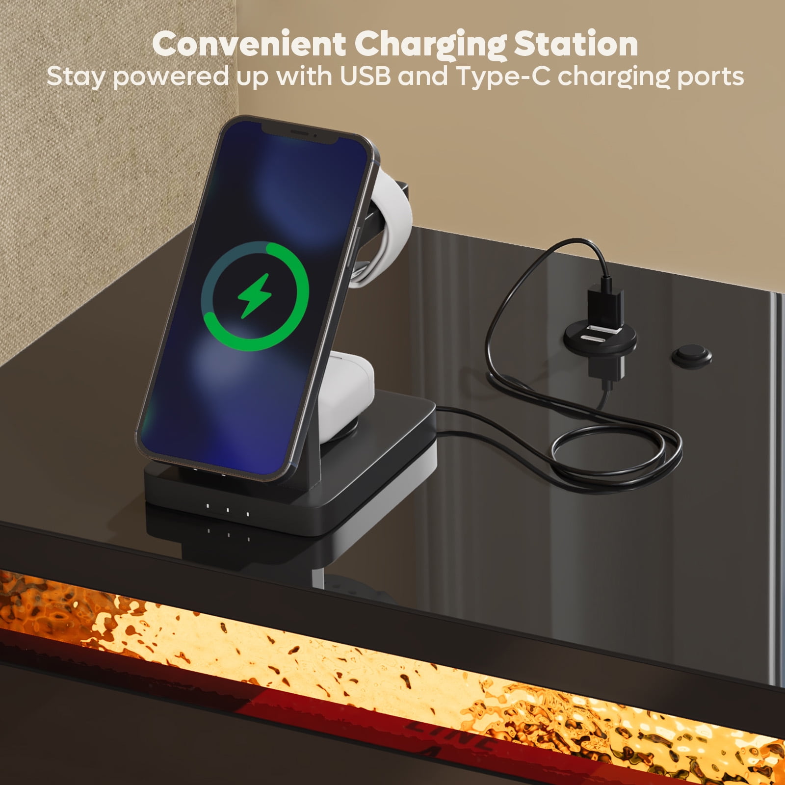 Pinmoco Set of 2 LED Nightstand with Charging Station, Modern Bedside Table with Drawer and Open Storage for Bedroom, Black