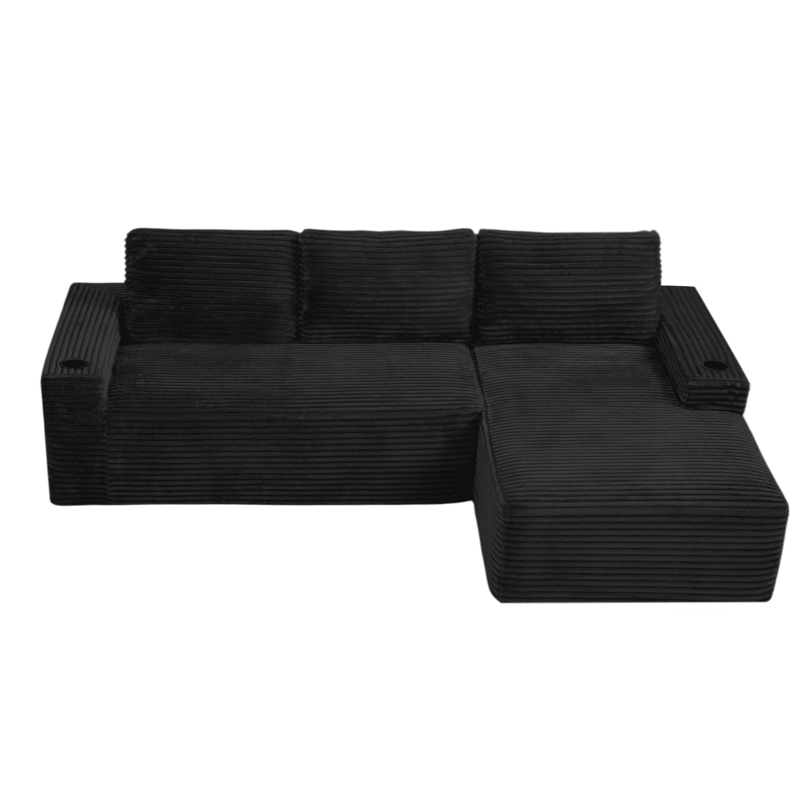 L-Shape Cloud Couch Cup Holders, Modular 104" Cloud Sectional Sofa Corduroy Boneless Sofa Couch with Chaise for Living Room, Black