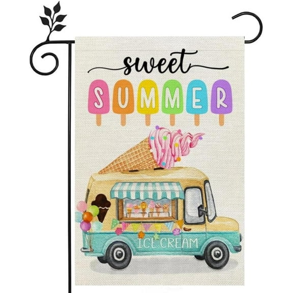 Ice Cream Truck Beach Hello Summer Garden Flag Double-side 12.5x18in Home Outdoor Yard Banner Color Flag Decoration