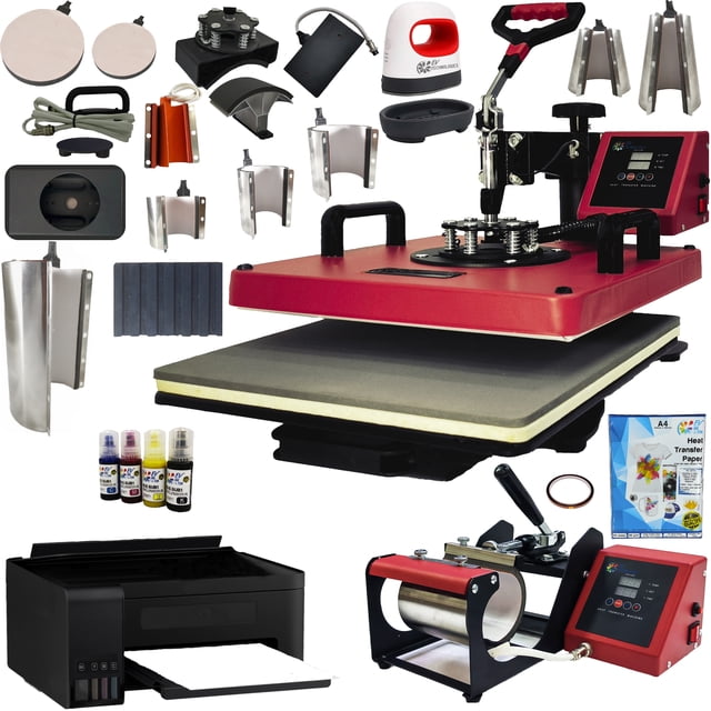 Combo 17 En 1 EV Technologies plancha sublimacion color roja con impresora y 150 articulos