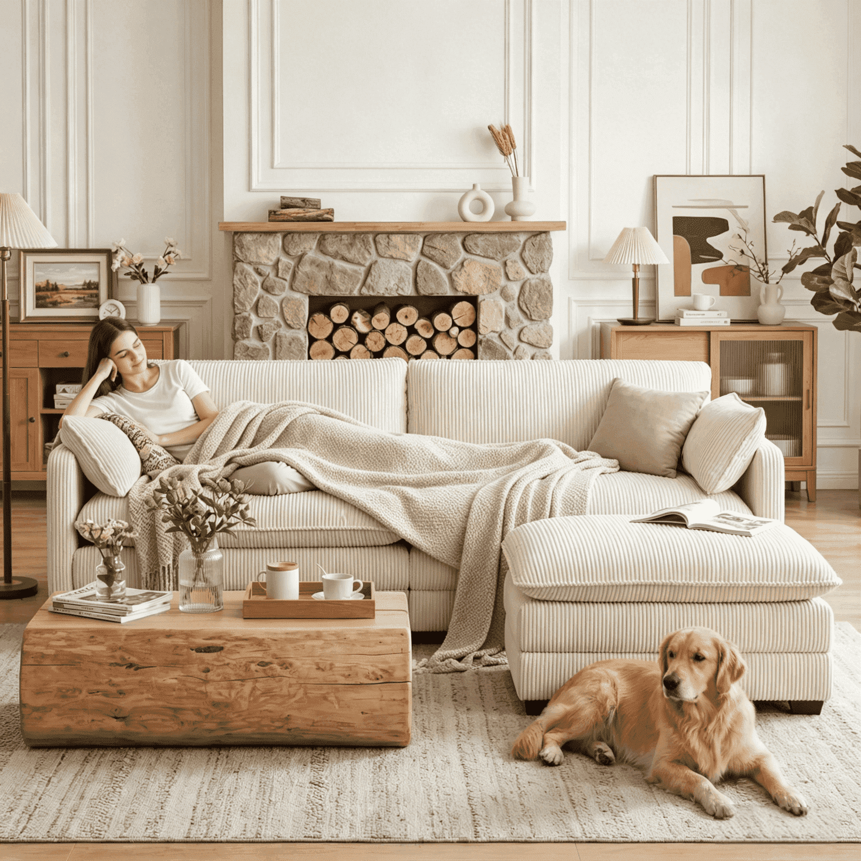 70'' Loveseat with Ottoman for Living Room, Noelse L Shaped Cloud Couch with Washable Cover and Pillows, 2 Seater Small Sectional Sofas for Apartment, Corduroy Beige
