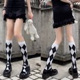 thumbnail image 2 of Women Black White Knee High Socks Argyle Diamond Plaid Lolita Student Stockings, 2 of 17