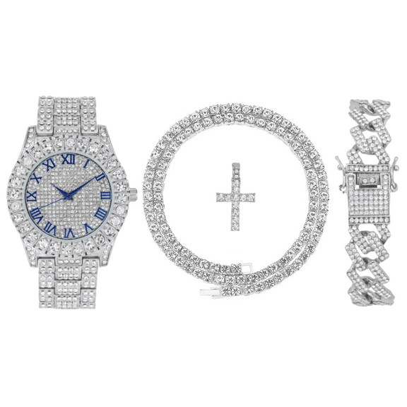 Charles Raymond Luxury Mens Iced Out Tennis Cross Necklace w/Diamond Quartz Wristwatch - Be Lit & Choose The Matching Blinged Out Cuban ZZ Bracelet Set - ST10327RN SLV Blue #R 3pc Set (20")