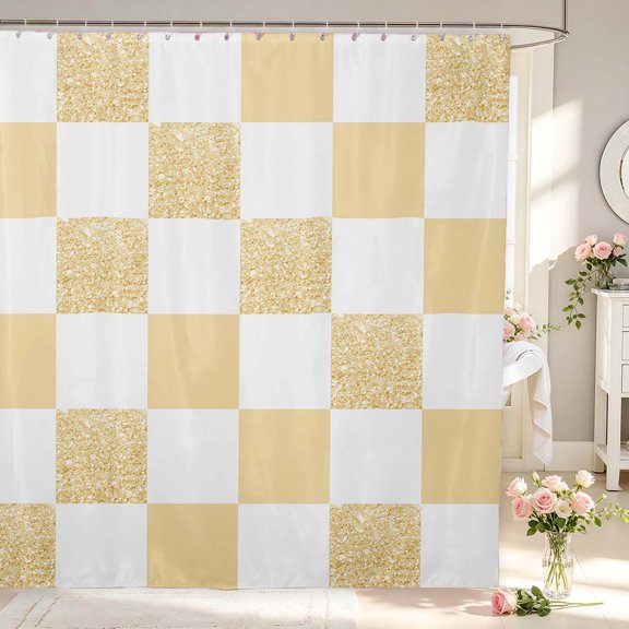 Manfei Geometric Check Shower Curtain 72Wx72L,Modern Checkered Bathroom Curtain,Beige