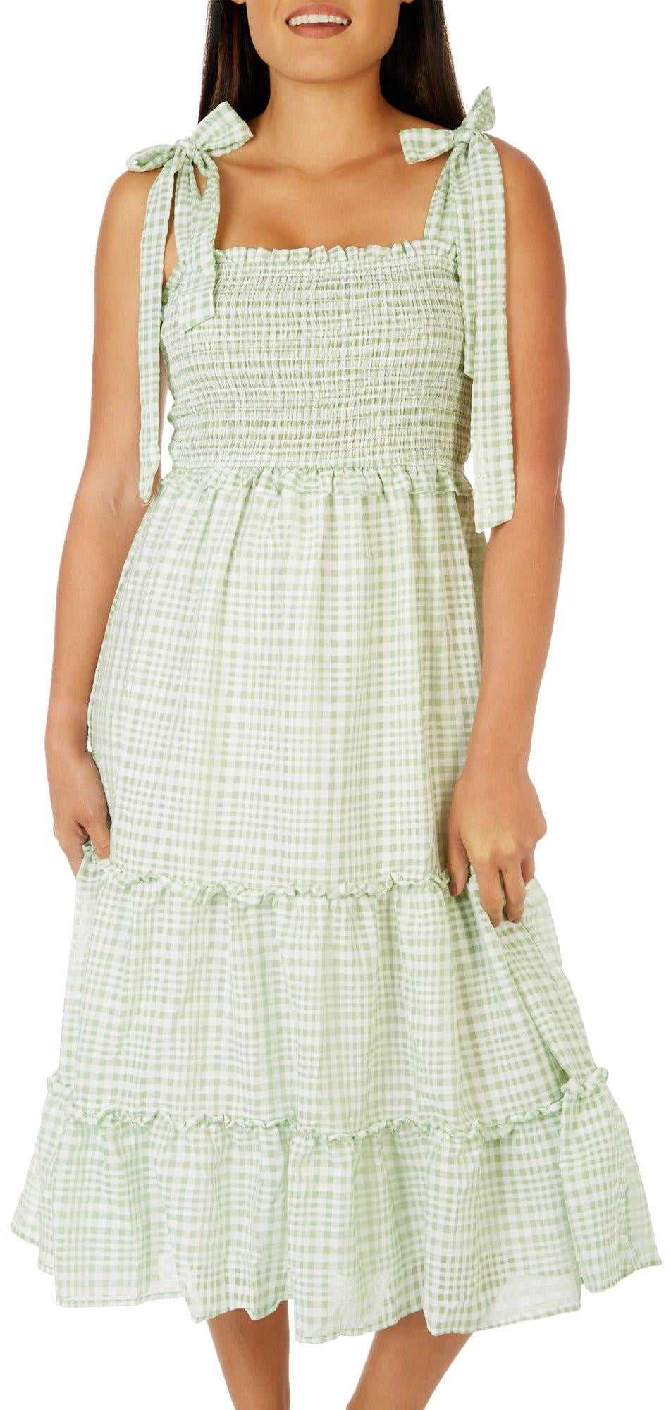BLU PEPPER Womens Smocked Gingham Tie 