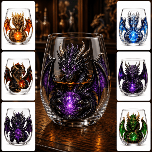 3D Mythic Dragon Glass Cup A Style Fantasy Crystal Orb Whiskey Glass, Collectible Dragon Drinkware with Detailed Scales Wings Horns & Mythical Creature Design, Fantasy Gift for Whiskey Lovers