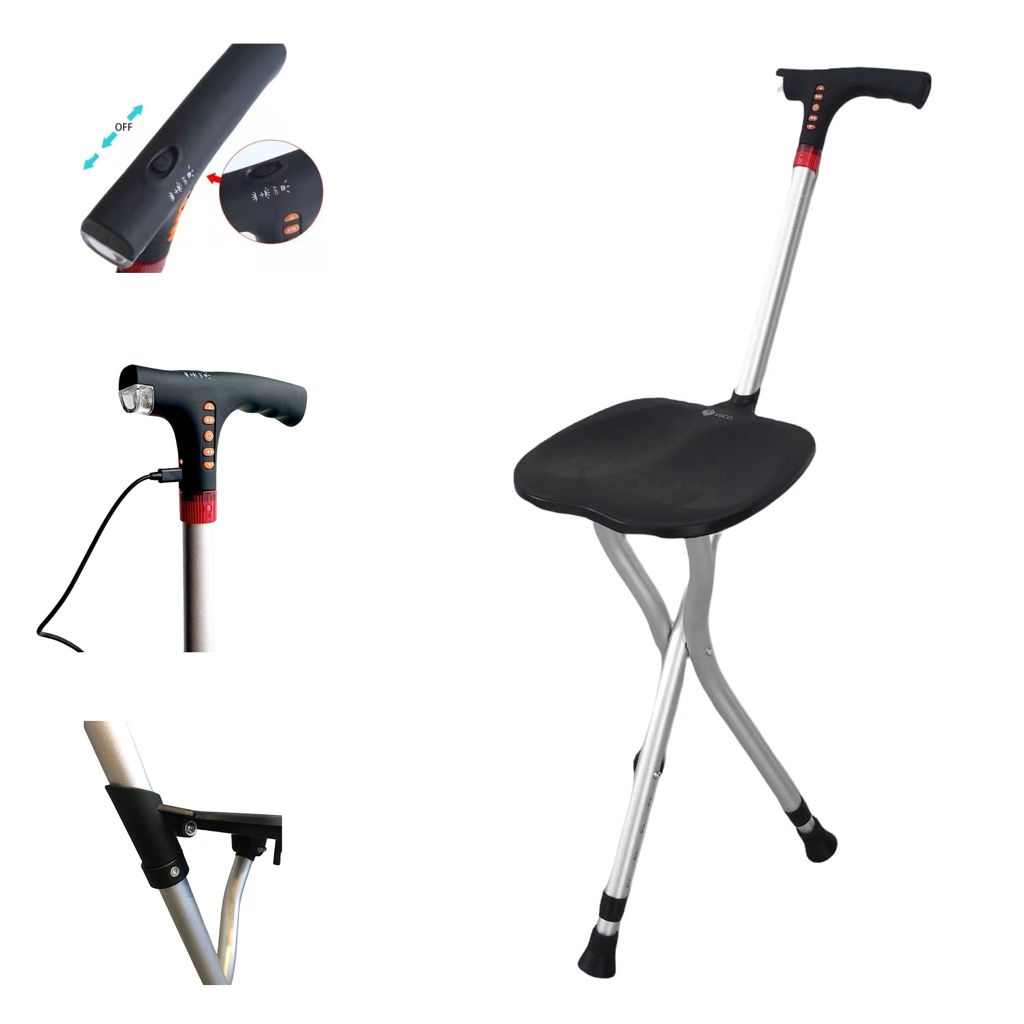 V6CO Multifunctional Seated Cane Adjustable Walking cane with Folding