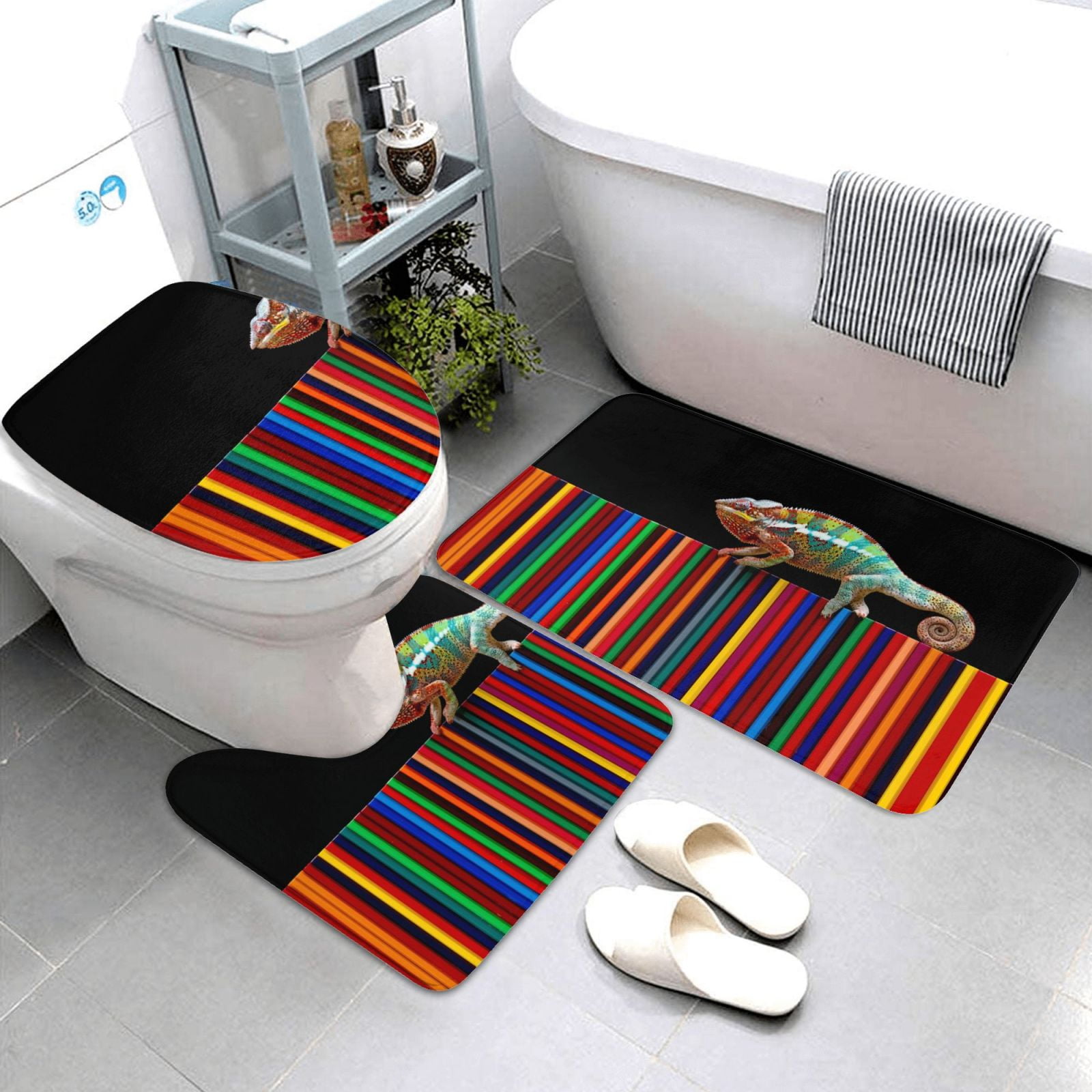 Bathroom Rugs Sets 3 Piece - Chameleon Panther On Colored Pencils Absorbent Non Slip Bath Mats, U-Shape Toilet Lid Cover, Contour Mat, Soft Washable Shower Mats Bath Rug Mat for Bathroom Tub Toilet