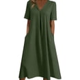 thumbnail image 2 of Danhjin Green Women's Summer Linen Midi Long Beach Dress Casual Flowy Loose A-Line Short Sleeve V Neck With Hem Dress Vacation Outfits Wrinkle-Free, 2 of 5