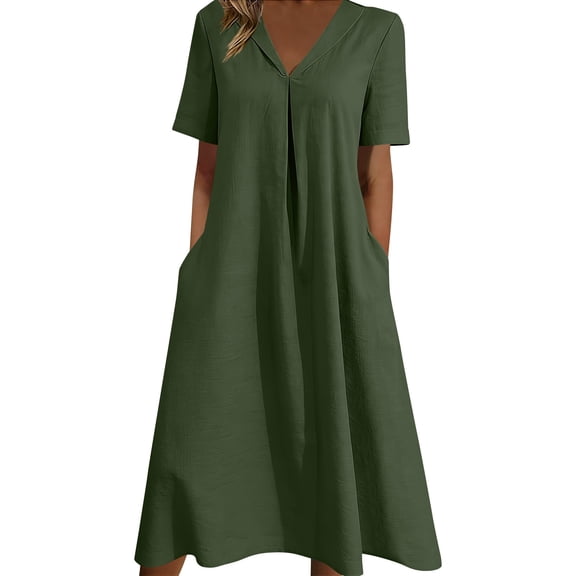 Fewfanhot Dresses for Women Casual Midi Dress with Pocket V Neck Short Sleeve Relaxed Flowy Dress Summer Long Dress