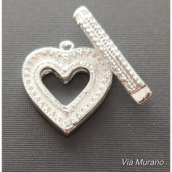 Two Valentine Heart Toggle Clasps in White Silver with 99.9% Pure Silver DuroPlate measuring 20x22mm. Made in USA.