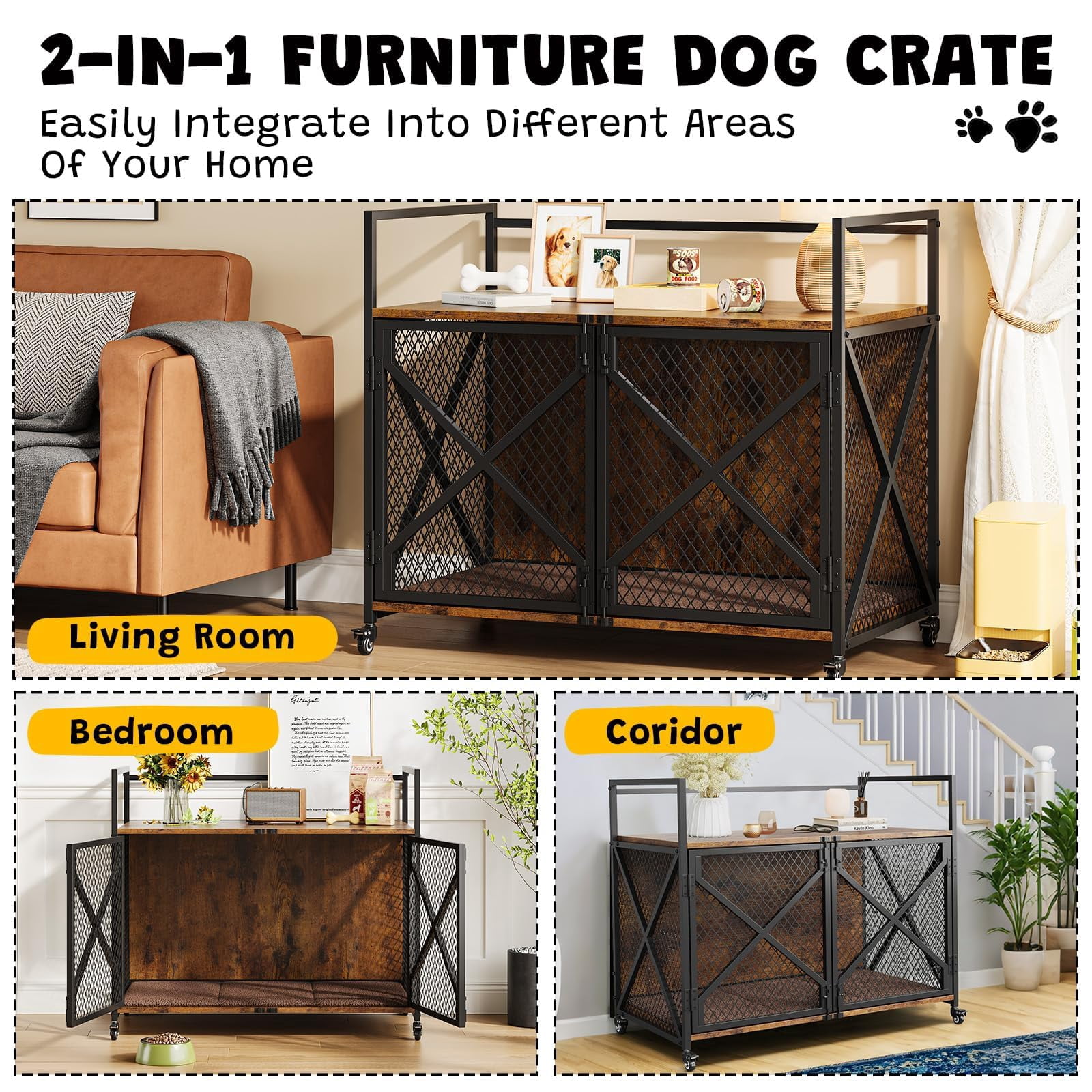 Yeshouse 41 Inch Furniture Style Dog Crate with Lockable 360° Wheels -End Table House Pad for for Small Medium Large Dog, Heavy Duty Dog Kennel Indoor, Jaula para Perros