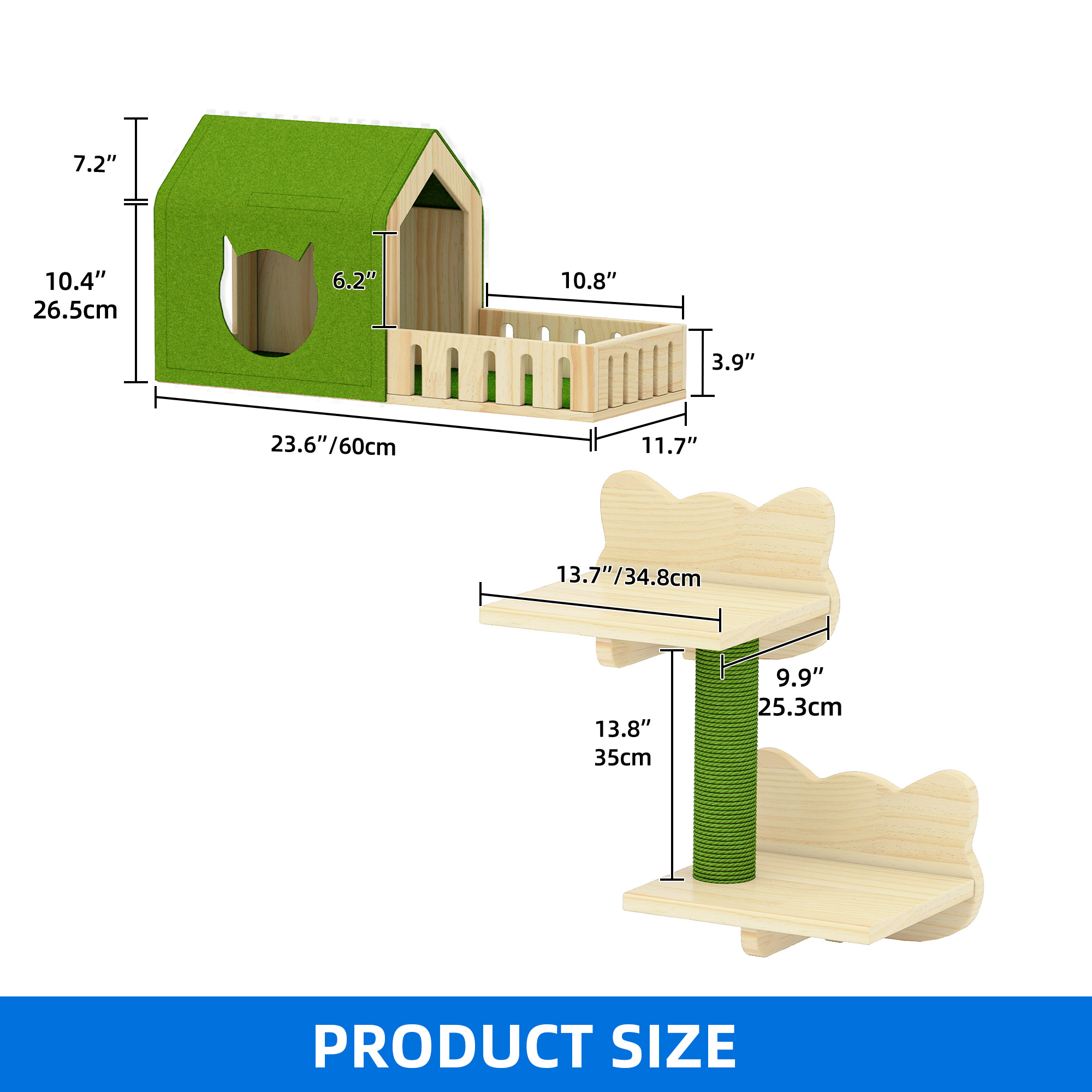 Dextrus 7-Piece Wall-Mounted Cat Furniture Set with Green House, 2 Sisal Scratching Posts & Cat-Shaped Steps – Solid Pine Wood for Indoor Cats, Space-Saving Wall Shelves