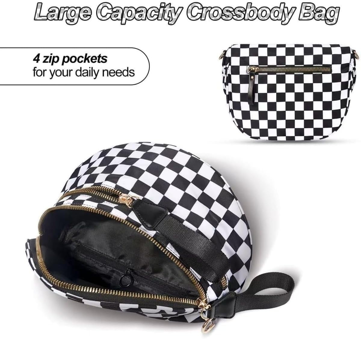 Baguery Women's Trendy Nylon Crossbody Bum Bag - Plus Size Fanny Pack Sling Belt Bag (Beige White Grid/Kelly Green), 3-Zipper Compartments​