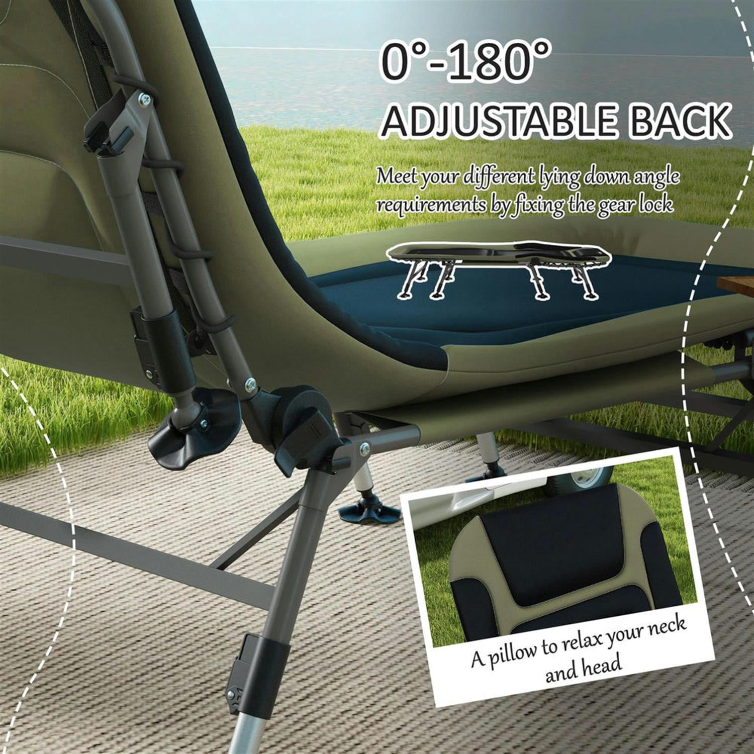 Demi Bonn Heavy Duty Camping Cot, Outdoor Portable Folding Bed with Comfortable Padded Cushion, 180° Reclining Backrest, 400 lbs Weight Limit, Green