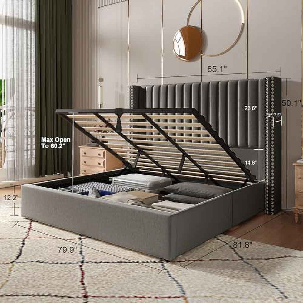 VanAcc Lift up Storage Bed Frame King Size, Upholstered Platform Bed Velvet with Channel Tufted Wingback Headboard, No Box Spring Needed, Gray