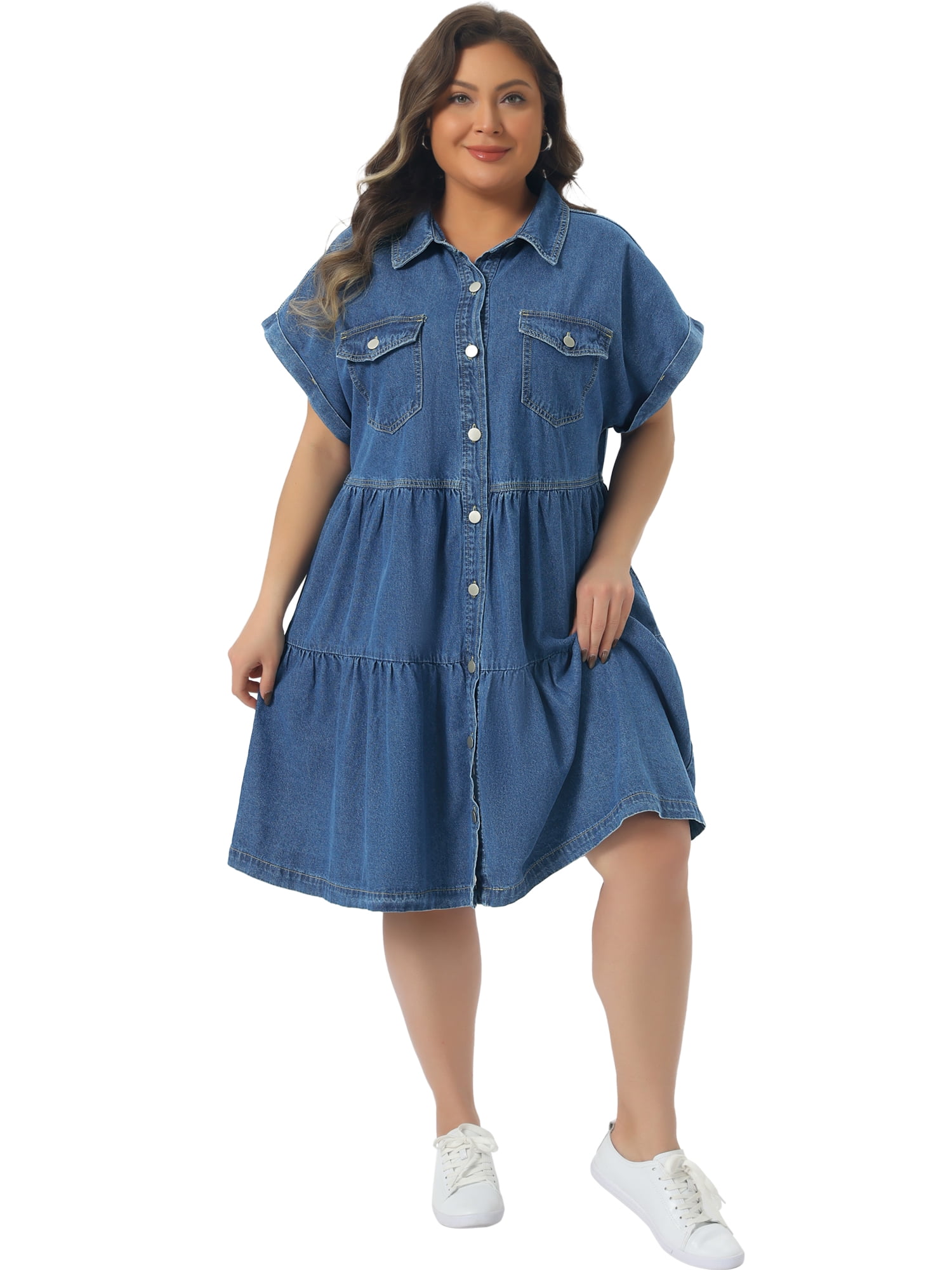 DARING DIVA Women's Plus Denim Babydoll Button Down Short Dress 1X Blue