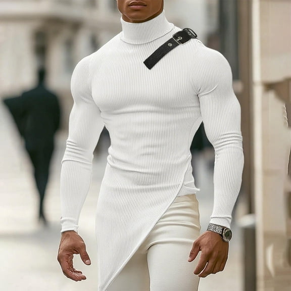 PiGOGI Men's Semi High Neck Base Shirt Elastic Sports Tight Fitting Striped Long Sleeve Top White XL