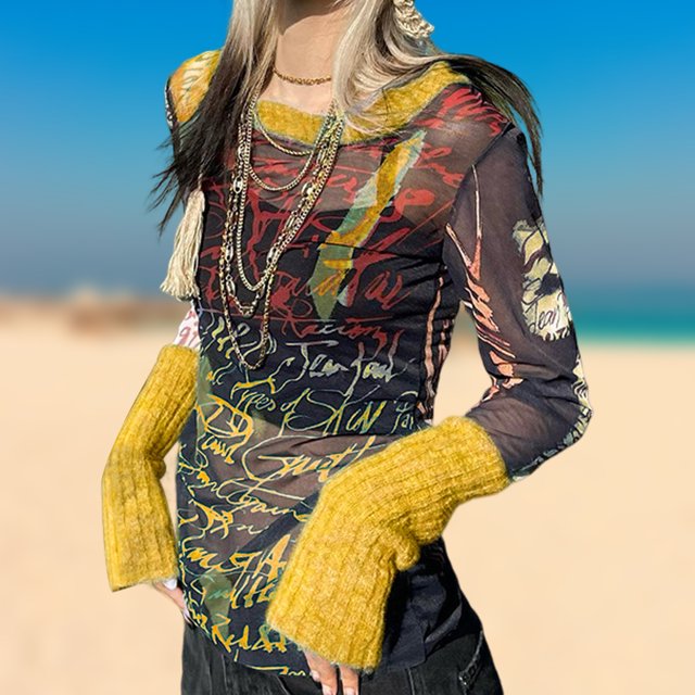 Camisetas informales con estampado transparente de malla jerseys de cuello redondo para mujer para la playa (amarillo L) FLhrweasw Para estrenar