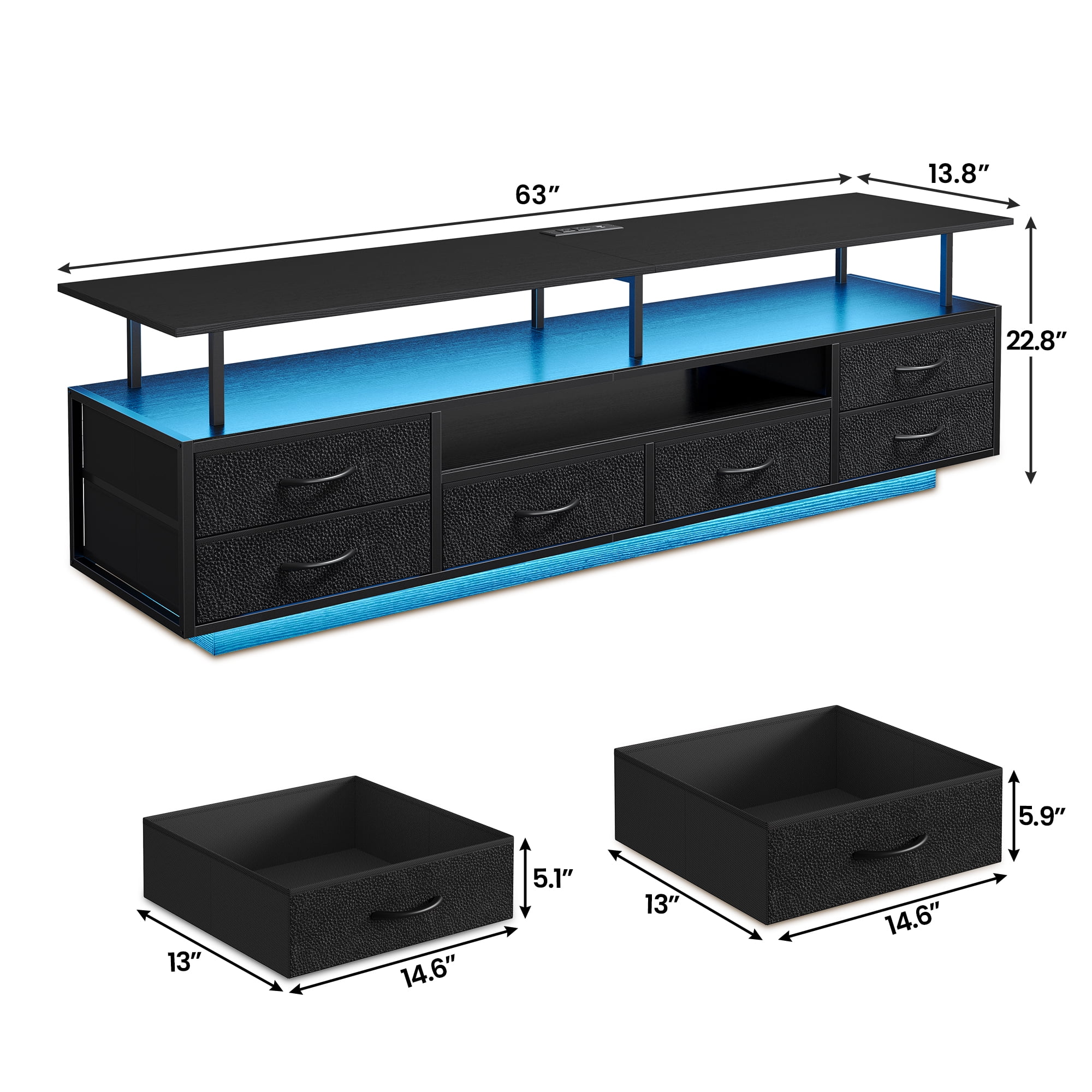 TV Stand with Drawer-6 PU Fabric Drawer- Entertainment Center and Industrial TV Console Table with Open Storage Shelves / LED Lights/ Power Outlets,Black TV Stand for 65 70 Inches TV