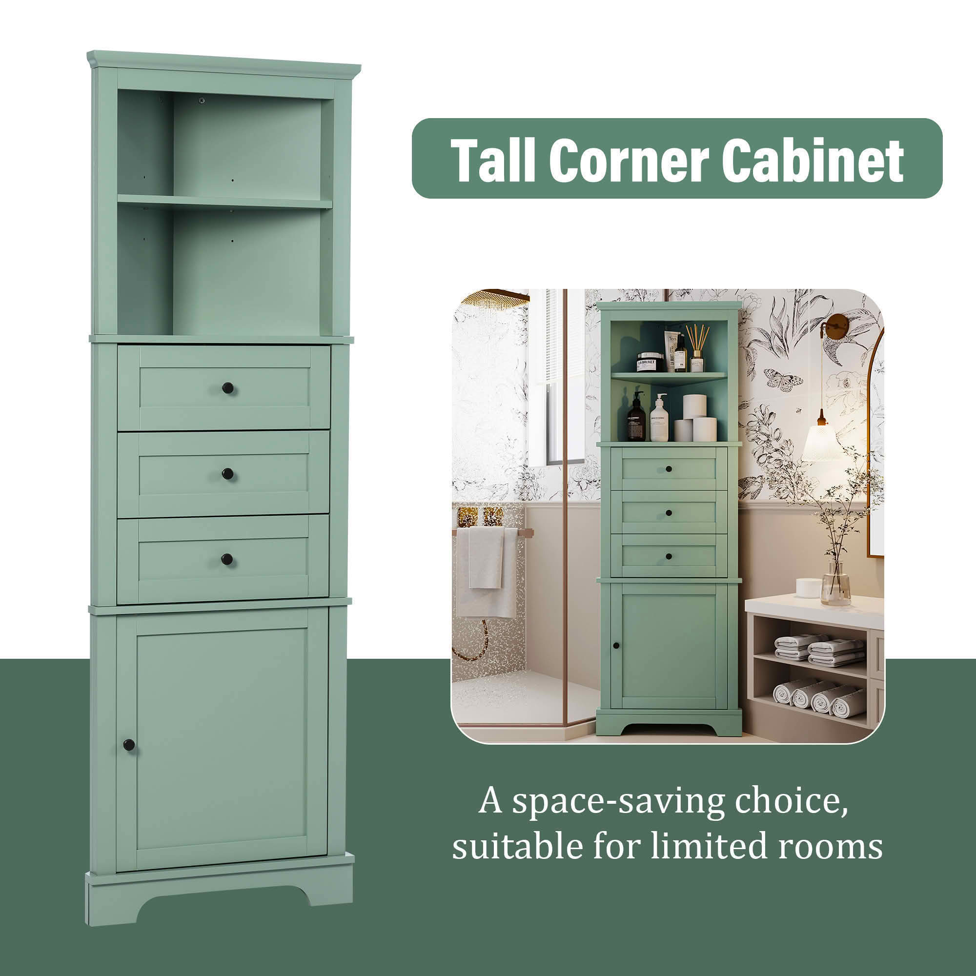 MAYEERTY Green Triangle Tall Cabinet 3 Drawers Adjustable Shelves MDF Painted